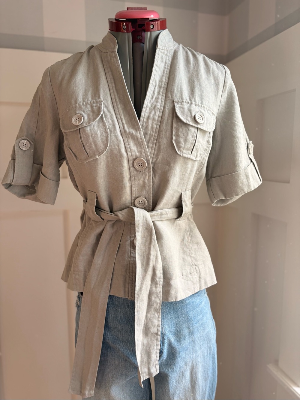 RW&CO. Beige Tie-Waist Linen Blend Top 8 - Picture 6 of 8